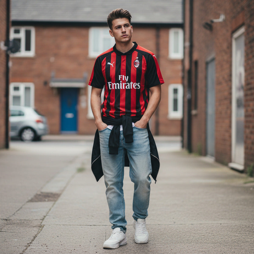 AC Mailand Trikot kombiniert mit Jeans und Sneakern – Moderner Blokecore-Mode-Trend.