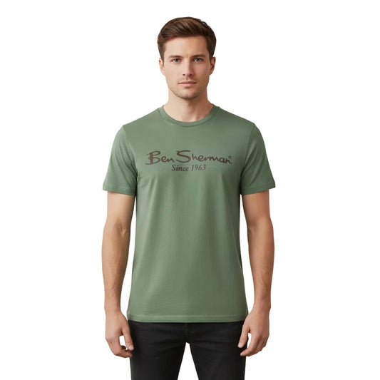 Ben Sherman Herren T-Shirt in Pale Khaki aus 100 % Baumwolle – klassisches Basic Shirt mit Markenlogo
