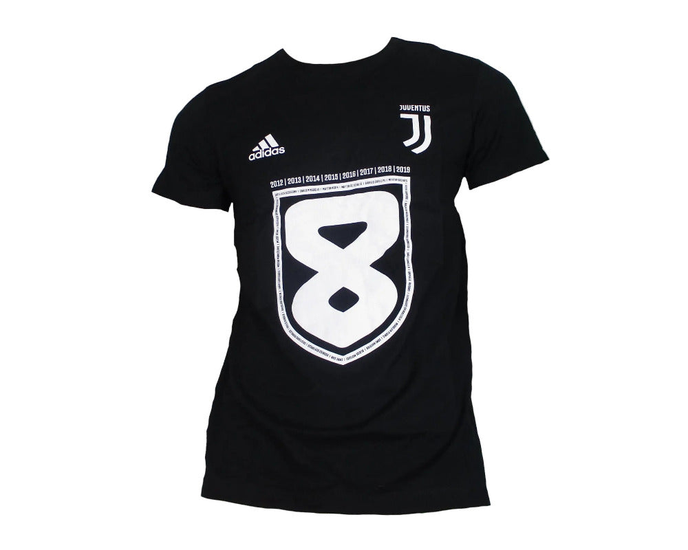 Juventus Turin T-Shirt Meisterschaft 2019 Adidas Herren – Vorderansicht, weißes Shirt mit schwarz-weißen Juventus Streifen und Logo