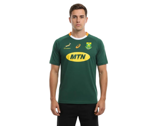 Südafrika Rugby Fanshirt Herren Asics Oak Green Vorderansicht mit aufgummiertem Logo