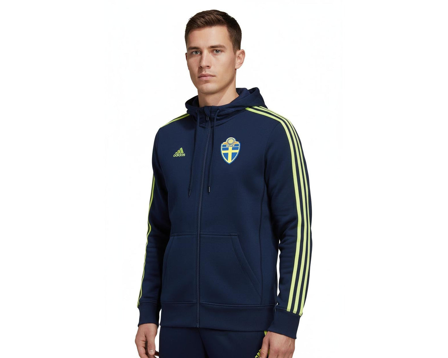 Adidas Schweden Hoodie Sweatjacke SVFF Navy Full Zip, eingesticktes Adidas Logo und Verbandswappen