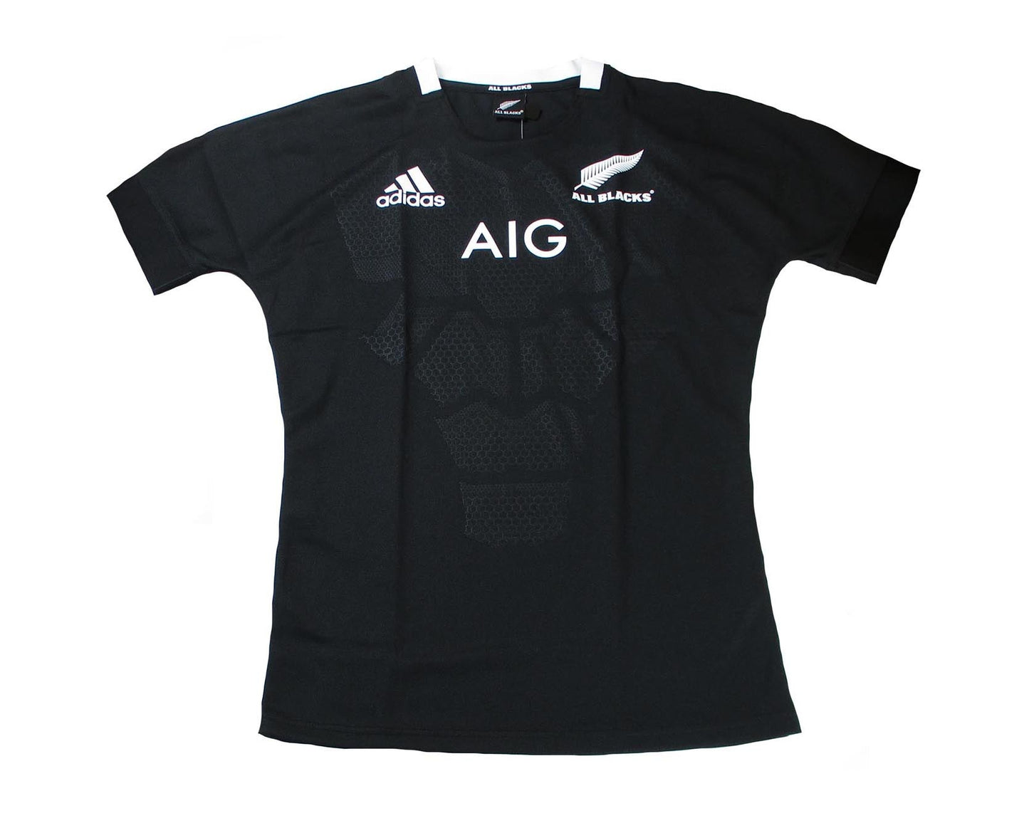 Schwarzes All Blacks Neuseeland Rugby-Trikot von Adidas Saison 2020/21 mit weißem Farn-Logo in Herrengröße. Offizielles Trikot flach liegend angezeigt.