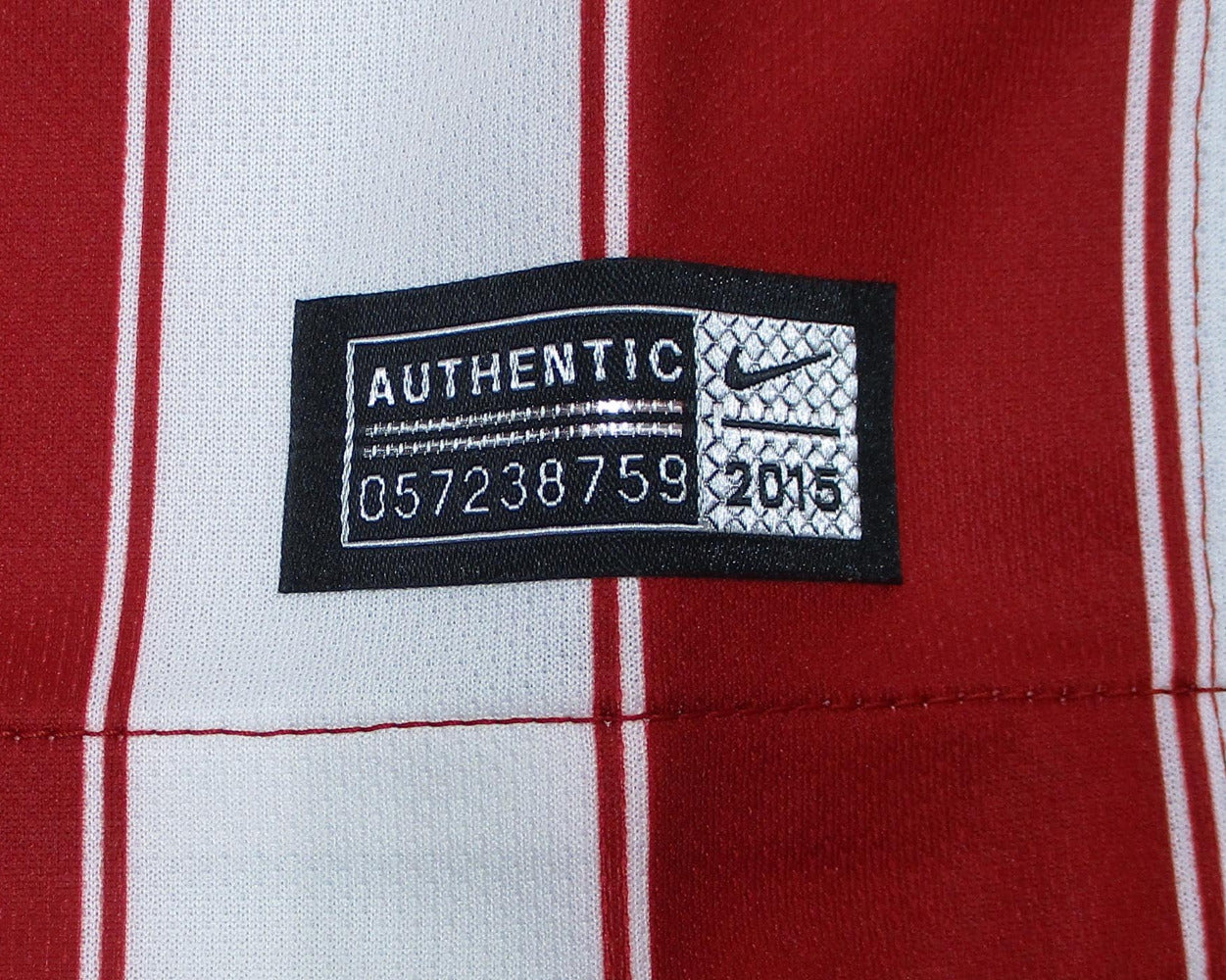 Atlético Madrid Heimtrikot Nike 2015/16 Kinder rot-weiß Dri-FIT. Detailansicht Authentic Logo.