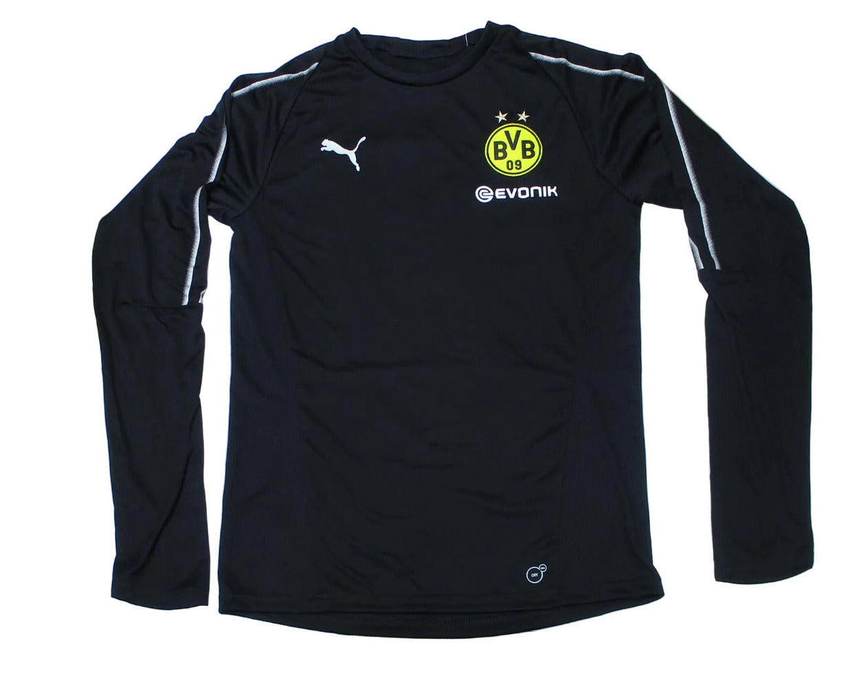 Schwarzes Borussia Dortmund BVB Trainingstrikot Puma 2018/19 in der Langarmversion. Als reduziertes Angebot günstig kaufen. Flach Liegend von vorne.