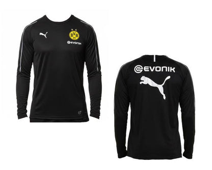 Schwarzes Borussia Dortmund BVB Trainingstrikot Puma 2018/19 in der Langarmversion. Als reduziertes Angebot günstig kaufen. Vorder und Rückseite.