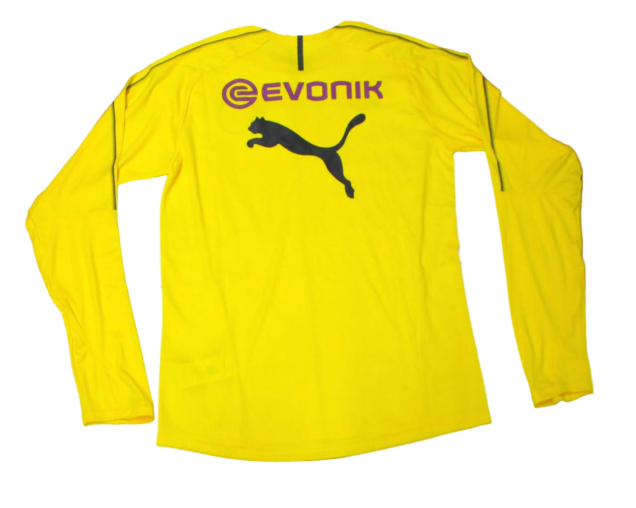 Gelbes Borussia Dortmund BVB Trainingstrikot Puma 2018/19 in der Langarmversion. Als reduziertes Angebot günstig kaufen. Flachliegend Rückseite.