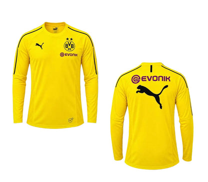 Gelbes Borussia Dortmund BVB Kinder Trainingstrikot in Lagarmversion Puma 2018/19. Als reduziertes Angebot günstig kaufen. Vorder- und Rückseite.