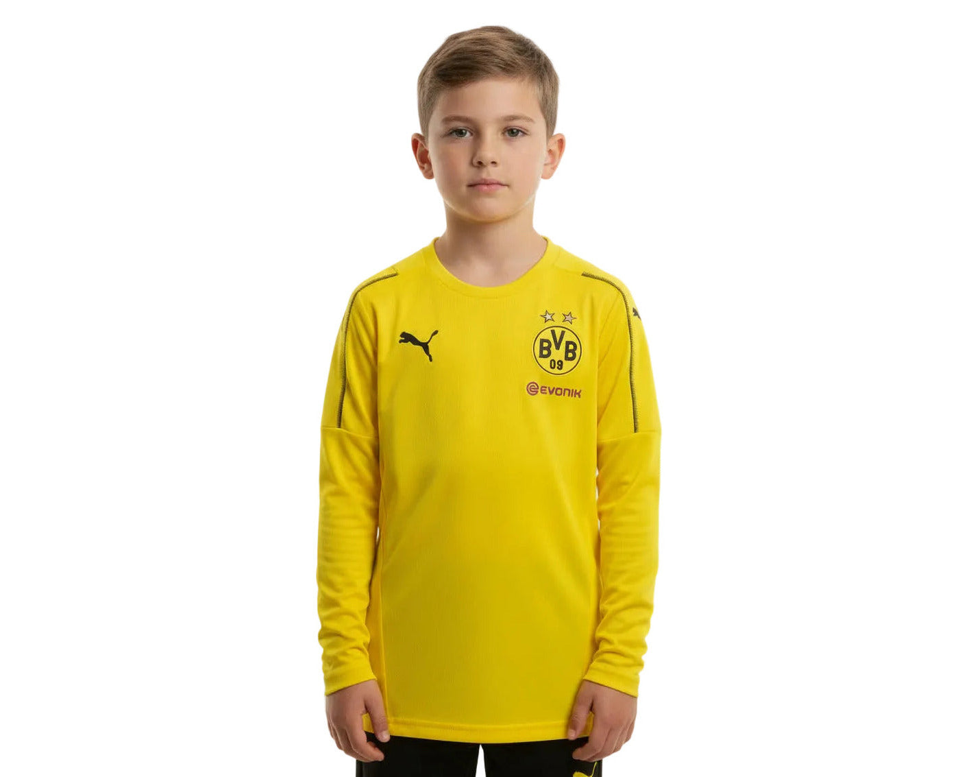 Gelbes Borussia Dortmund BVB Kinder Trainingstrikot in Lagarmversion Puma 2018/19. Als reduziertes Angebot günstig kaufen. Kindermodel.