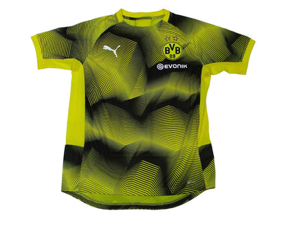 Puma Borussia Dortmund Kinder Trainingstrikot Graphic aus der Saison 2018/19 in Schwarz-Gelb mit gesticktem BVB Wappen Vorderansicht.