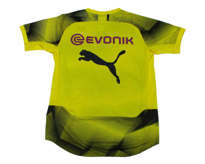 Puma Borussia Dortmund Kinder Trainingstrikot Graphic aus der Saison 2018/19 in Schwarz-Gelb mit gesticktem BVB Wappen. Rückseite.
