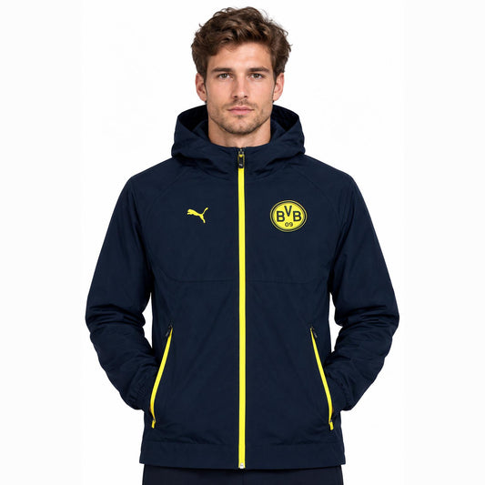 Offizielle Puma Borussia Dortmund Woven Trainingsjacke der Saison 2025/26 für Herren in Schwarz-Gelb mit aufgummiertem BVB-Vereinswappen und windCELL-Technologie – Neu mit Etikett.