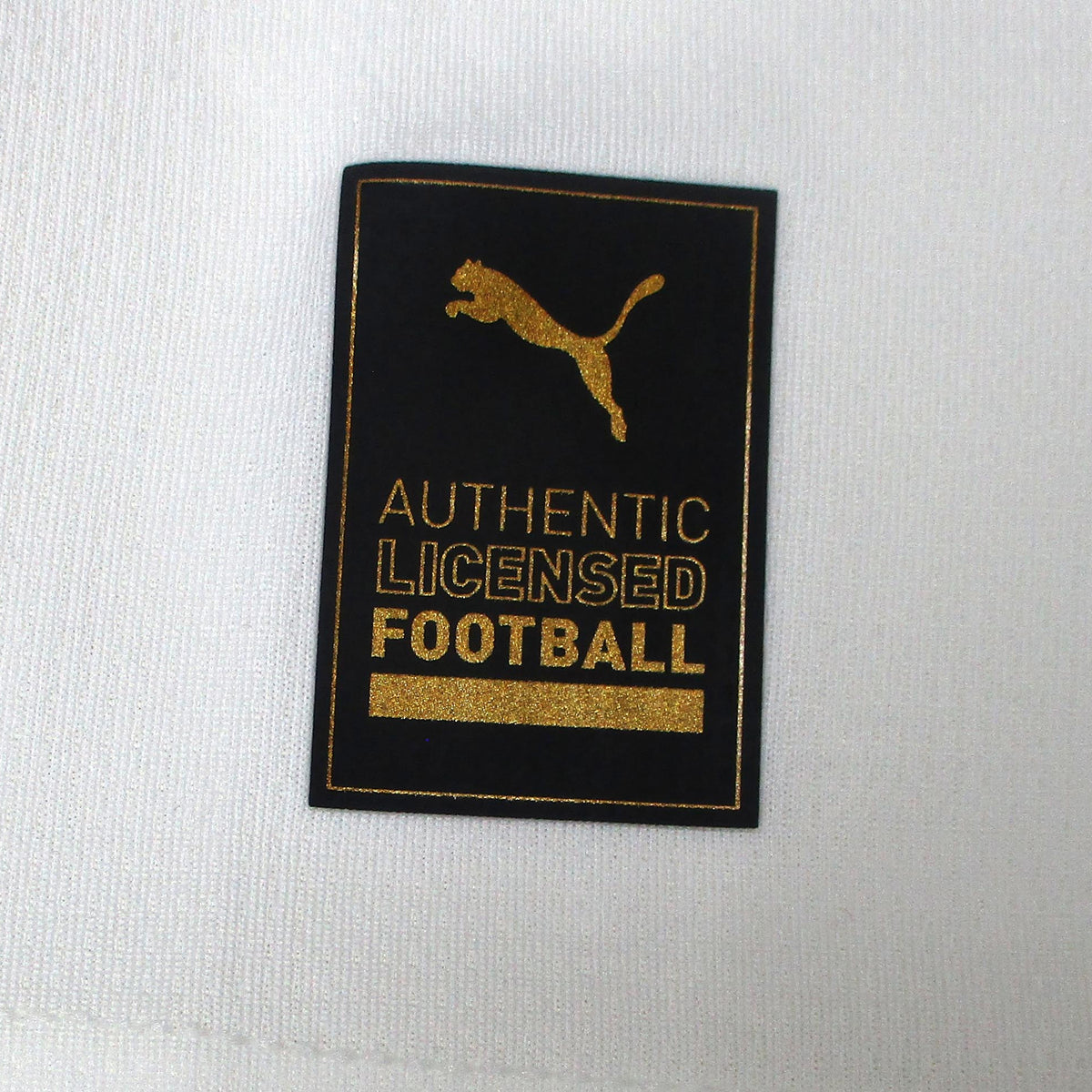 Offizielles Puma Borussia Mönchengladbach Heimtrikot der Saison 2025/26 für Kinder in traditionellem Weiß mit grünen und schwarzen Akzenten sowie eingesticktem Vereinswappen – Neu mit Etikett. Detailansicht Authentic Logo.