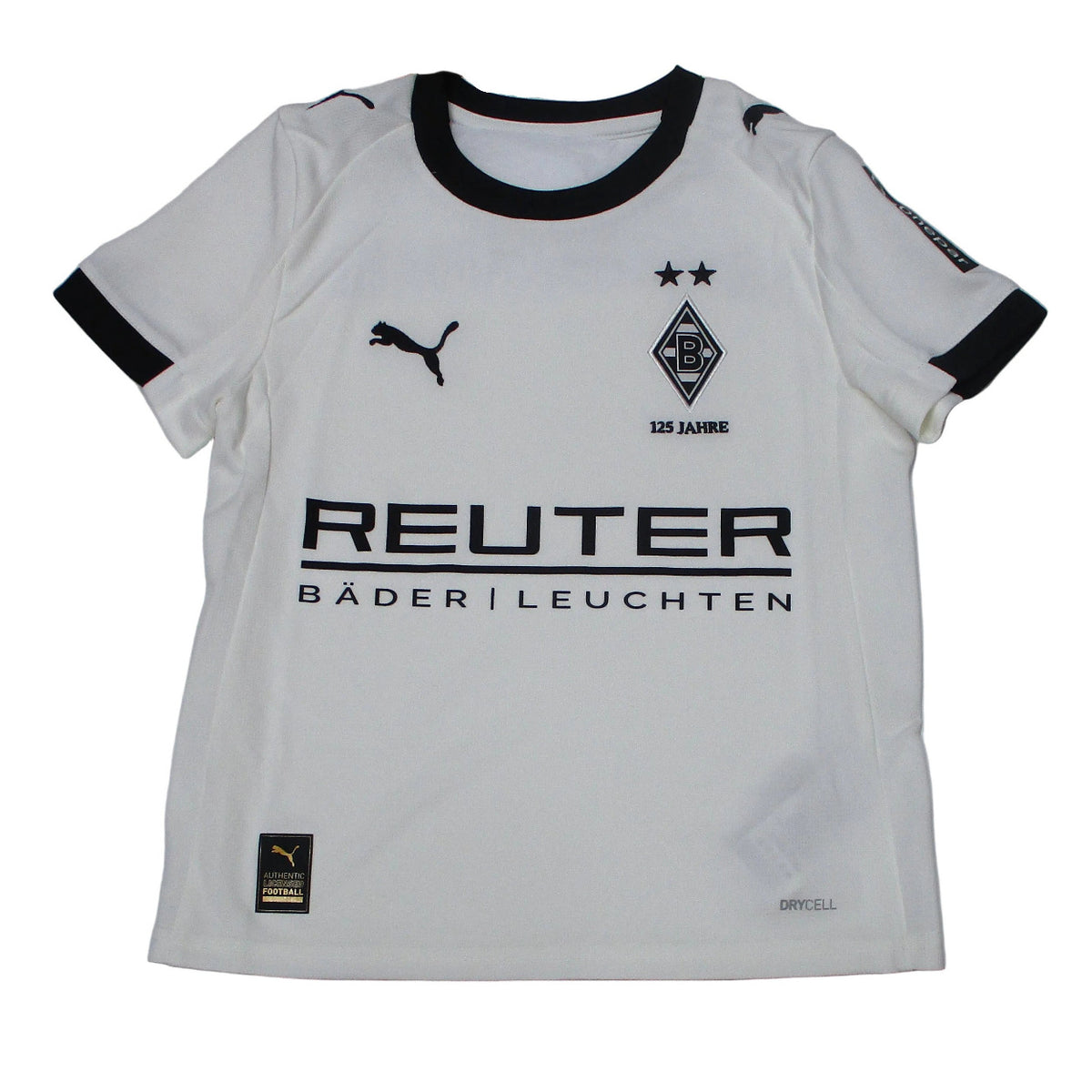 Offizielles Puma Borussia Mönchengladbach Heimtrikot der Saison 2025/26 für Kinder in traditionellem Weiß mit grünen und schwarzen Akzenten sowie eingesticktem Vereinswappen – Neu mit Etikett.