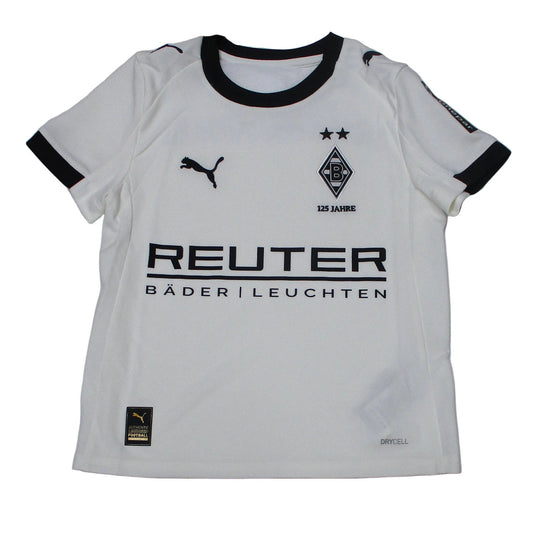 Offizielles Puma Borussia Mönchengladbach Heimtrikot der Saison 2025/26 für Kinder in traditionellem Weiß mit grünen und schwarzen Akzenten sowie eingesticktem Vereinswappen – Neu mit Etikett.