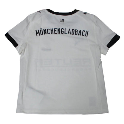 Offizielles Puma Borussia Mönchengladbach Heimtrikot der Saison 2025/26 für Kinder in traditionellem Weiß mit grünen und schwarzen Akzenten sowie eingesticktem Vereinswappen – Neu mit Etikett. Rückseite.