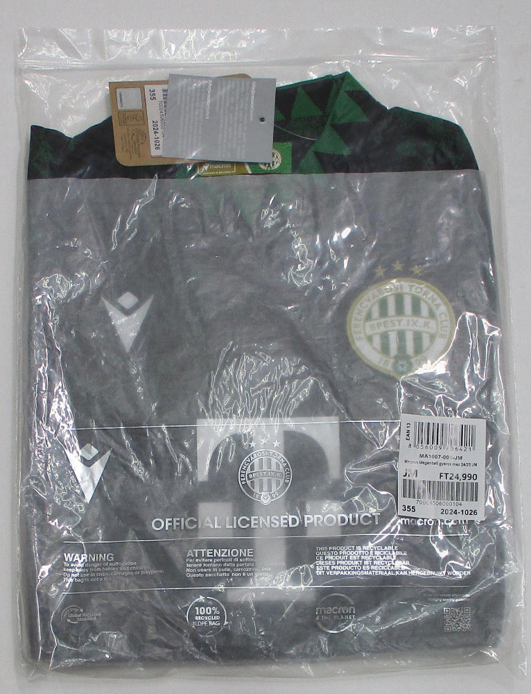Schwarz-Grünes Ferencváros Budapest Awaytrikot 2024 2025 in Kindergröße von Macron mit gesticktem Vereinswappen – Originalverpackung.
