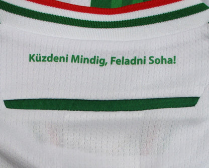 Grün-weiß gestreiftes Ferencváros Budapest Heimtrikot 2024 2025 in Kindergröße von Macron mit gesticktem Vereinswappen – Nacken Details.