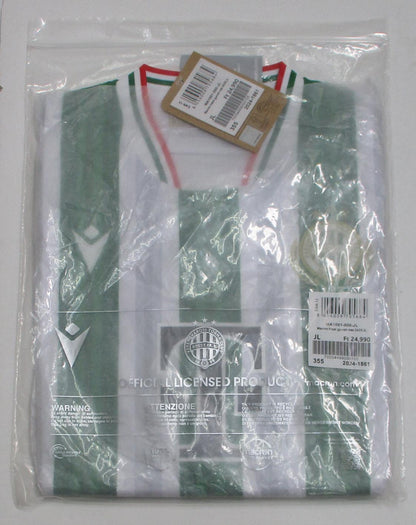 Grün-weiß gestreiftes Ferencváros Budapest Heimtrikot 2024 2025 in Kindergröße von Macron mit gesticktem Vereinswappen – Originalverpackung.