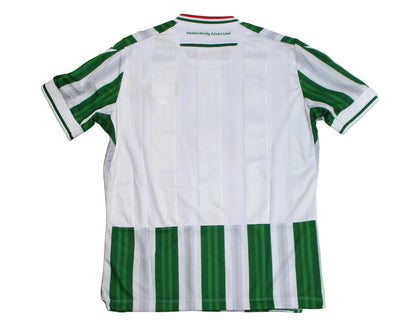 Grün-weiß gestreiftes Ferencváros Budapest Heimtrikot 2024 2025 in Kindergröße von Macron mit gesticktem Vereinswappen – Rückansicht.