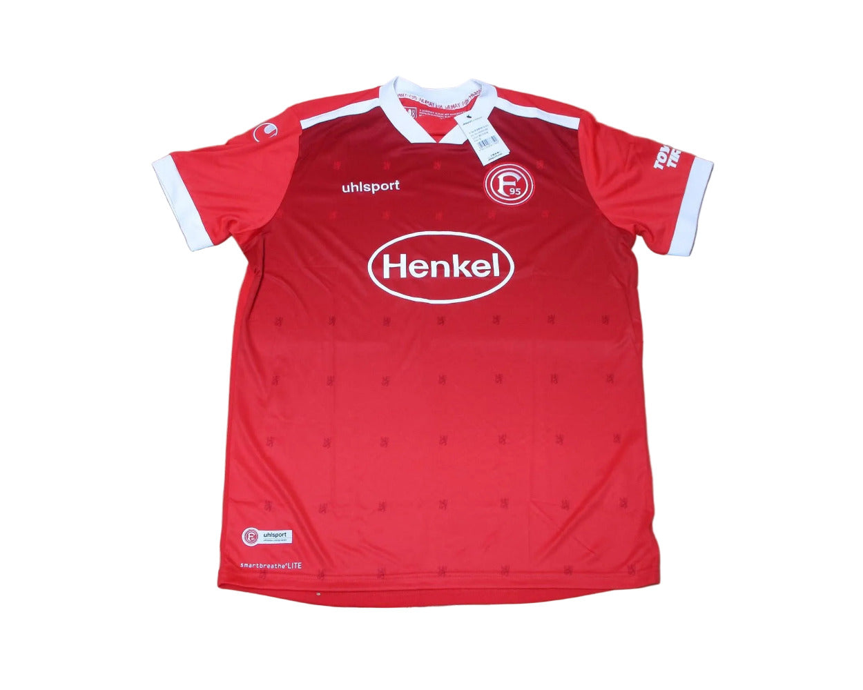 Rotes offizielles Fortuna Düsseldorf Heimtrikot 2020/21 von Uhlsport in Herrengröße. Flach liegend.