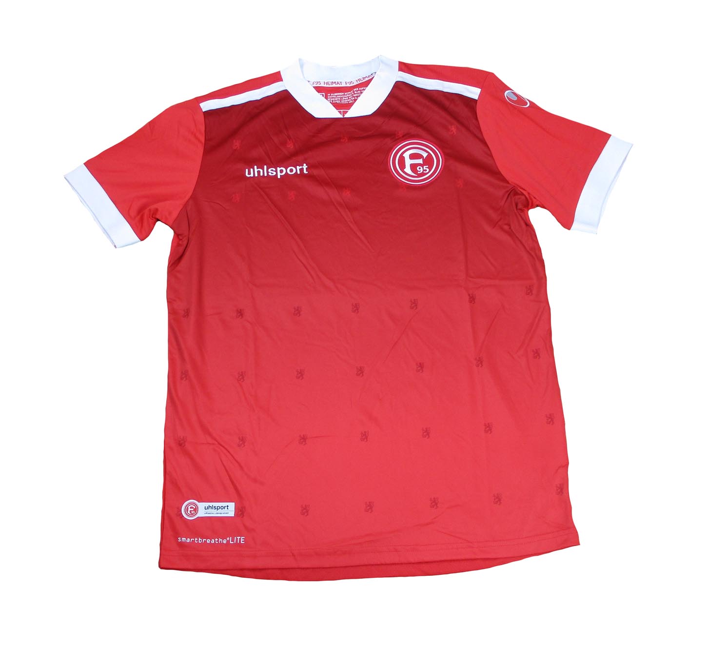 Rotes Fortuna Düsseldorf Heimtrikot 2020/21 von Uhlsport als reduziertes Angebot günstig kaufen. Spielerversion ohne Brustsponsor.  Flach liegend.