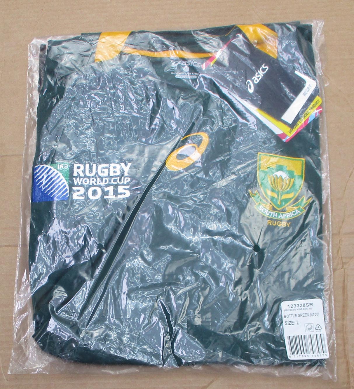 Originalverpackung des Südafrika Rugby Trikot Asics Springboks Herren Original WM Trikot grün gold eingestickt, Angebot günstig kaufen.
