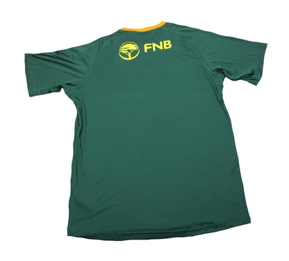Rückseite des Südafrika Rugby Fanshirt Herren Asics Oak Green Vorderansicht mit aufgummiertem Logo. Angebot günstig kaufen.