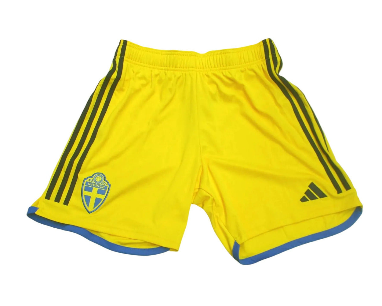 Schweden Trikot Shorts Home 2022/23 Adidas Herren mit gesticktem Verbandslogo und Aeroready Technologie. Vorderseite flach.