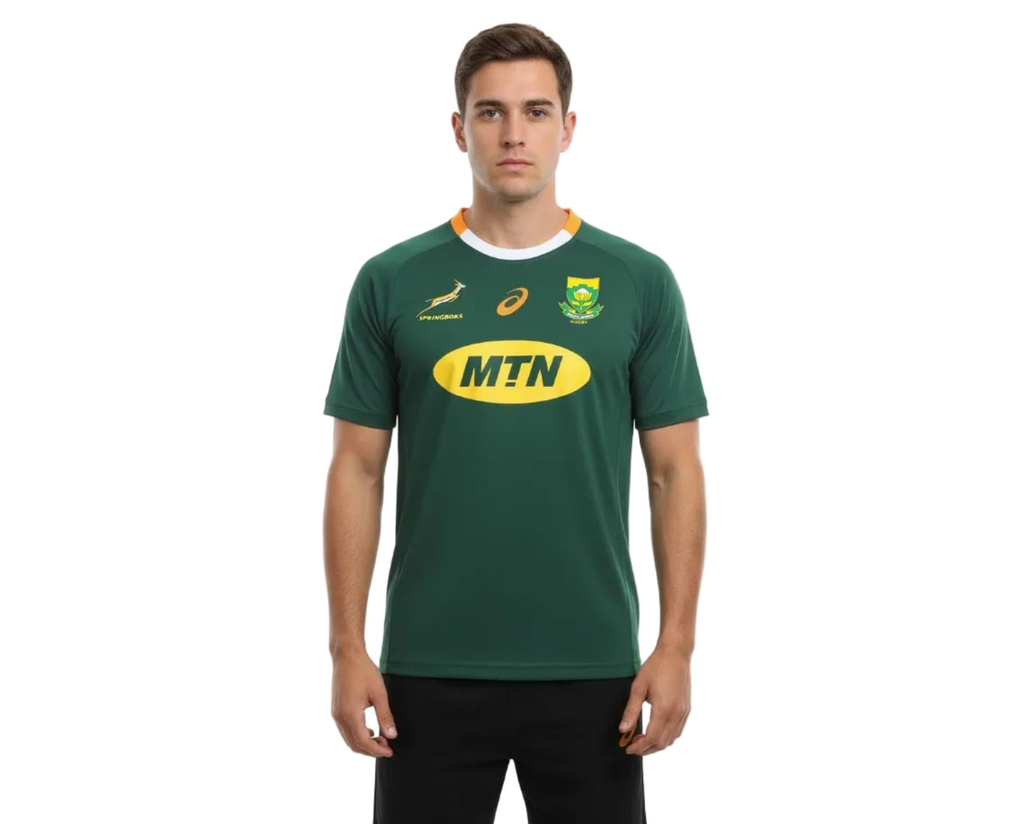 Südafrika Rugby Fanshirt Herren Asics Oak Green Vorderansicht mit aufgummiertem Logo. Angebot günstig kaufen.