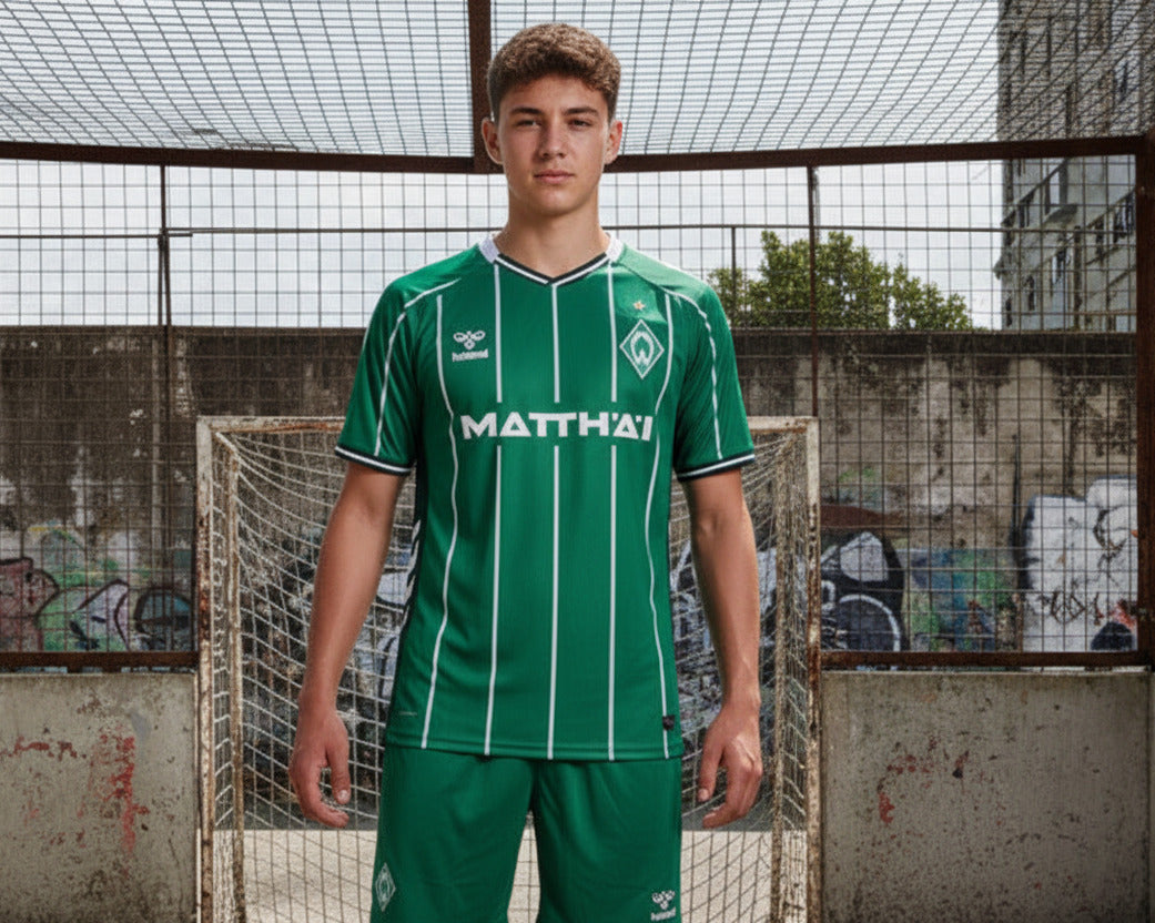 SV Werder Bremen Trikot Home 2025/26 von Hummel. Offizielles Fußballtrikot in Herrengröße. Model auf dem Bolzplatz
