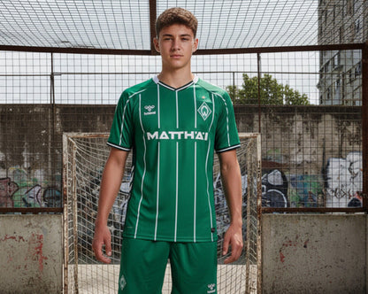 SV Werder Bremen Trikot Home 2025/26 von Hummel. Offizielles Fußballtrikot in Herrengröße. Model auf dem Bolzplatz