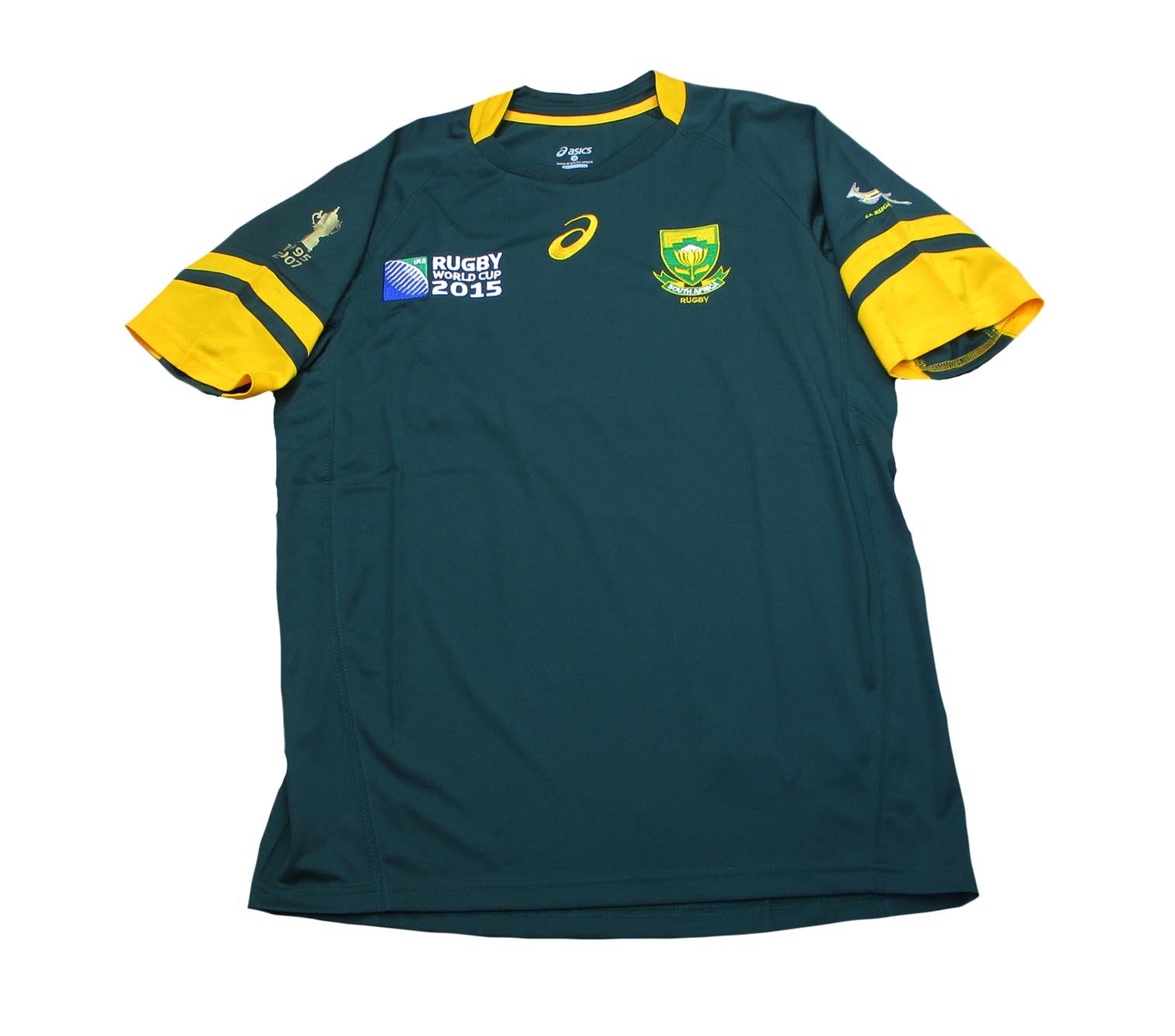 Vorderseite flach des Südafrika Rugby Trikot Asics Springboks Herren Original WM Trikot grün gold eingestickt, Angebot günstig kaufen.