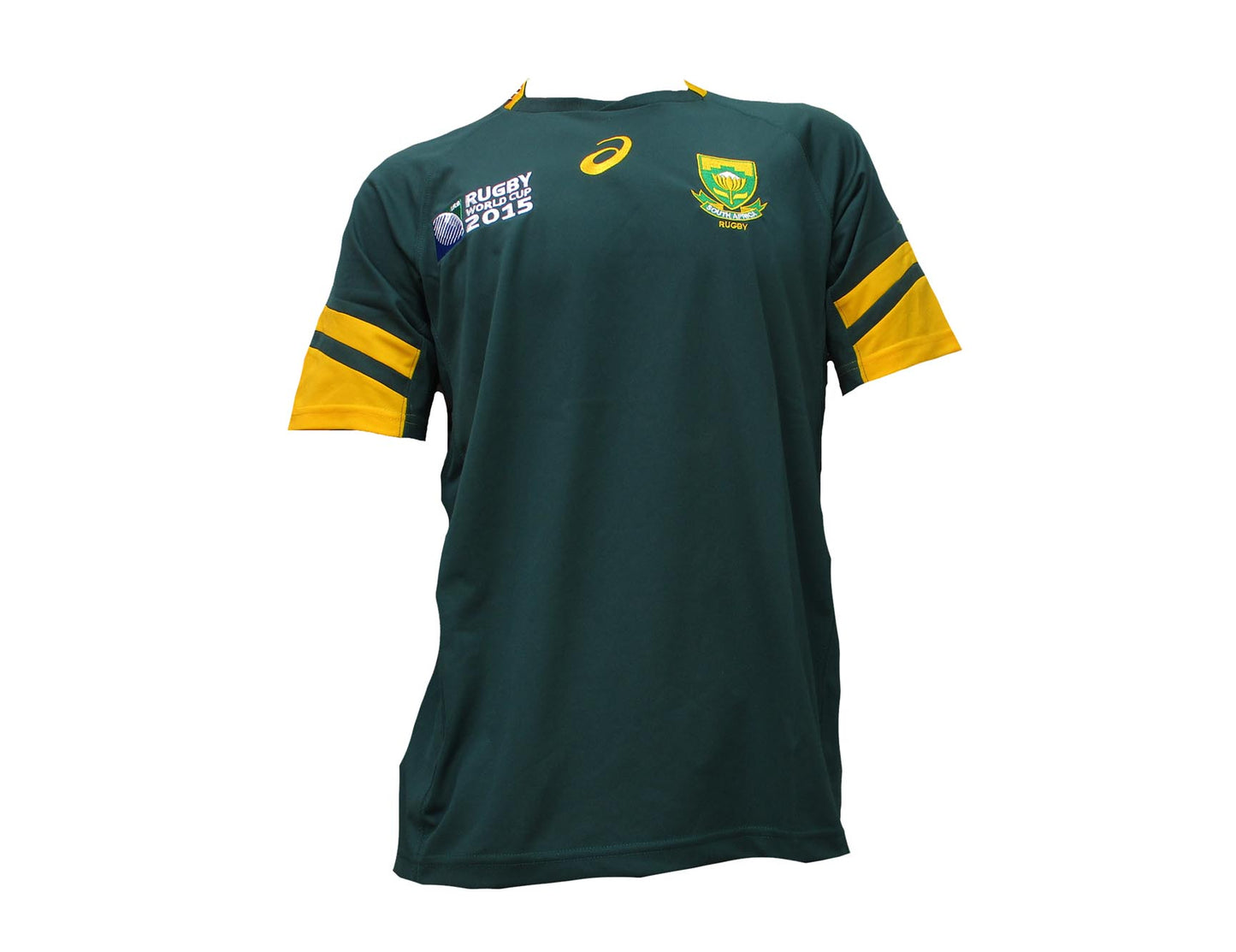 Vorderseite des Südafrika Rugby Trikot Asics Springboks Herren Original WM Trikot grün gold eingestickt, Angebot günstig kaufen.